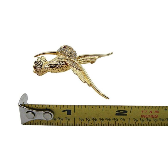 Vintage Hummingbird Brooch Pin Rhinestones Clear Red Crystal Gold Tone 1.75x1.5" - Picture 9 of 12